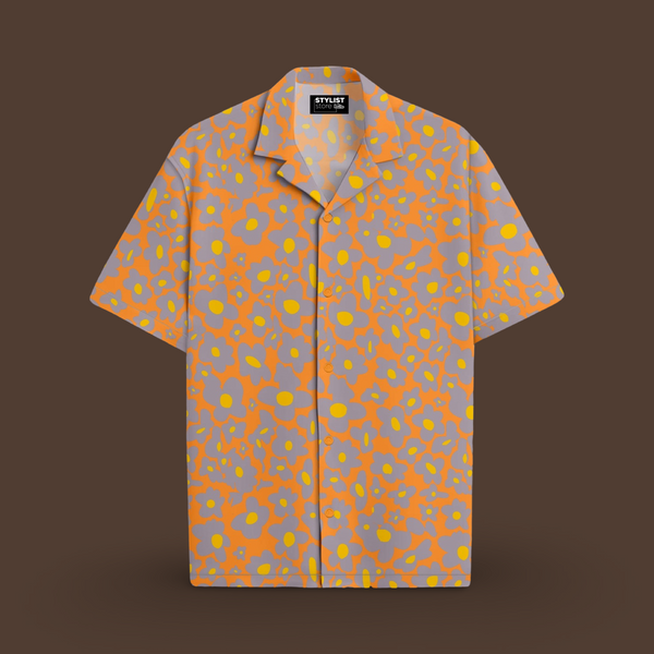 GREY/ORANGE FLORAL BEACH SHIRT WITH CAMP COLLAR AND DROP SHOULDERS