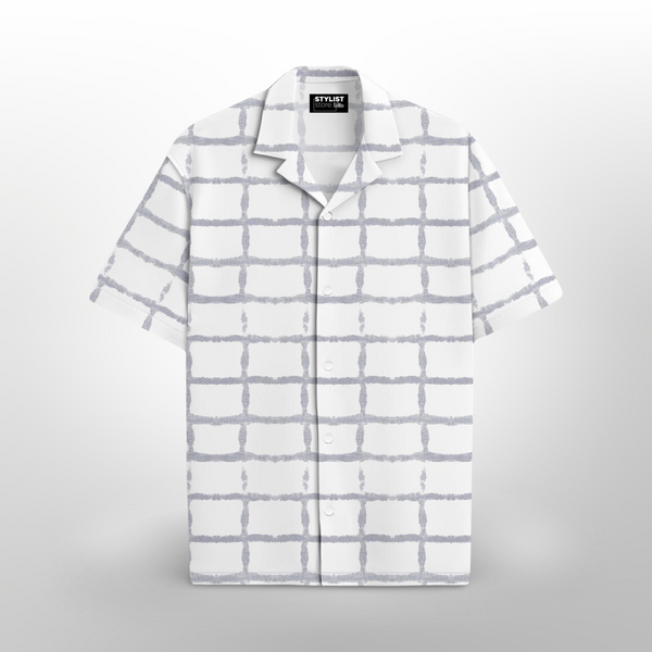 GREY SQUARE PATTERN STYLE PATTERN CAMP COLLAR WITH DROP SHOULDER SHIRT