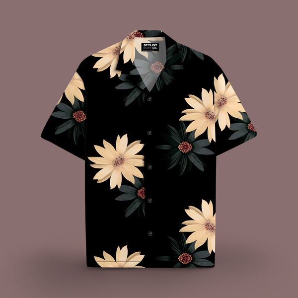 BIG FLORAL OFF WHITE/BACK BEACH SHIRT WITH CAMP COLLAR AND DROP SHOULDERS